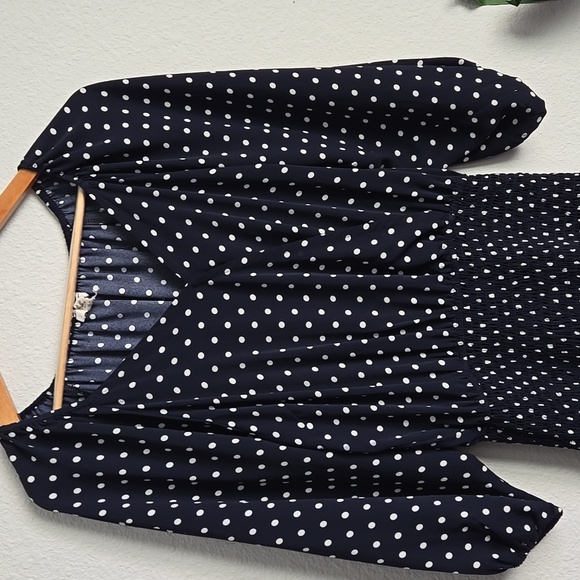 Entro Elegant Navy Polka Dot Smocked Mini Dress Size M Boho - Picture 3 of 10